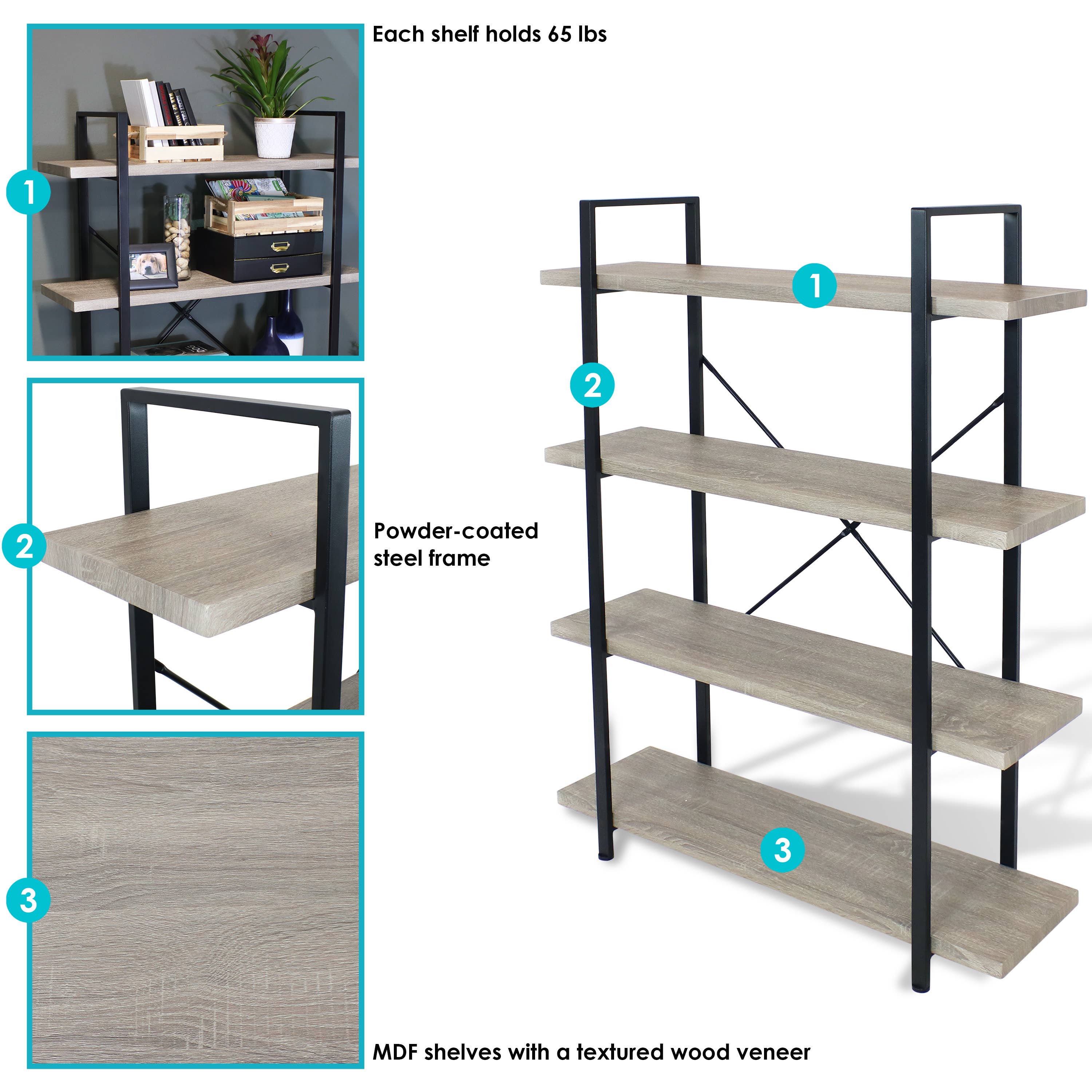 Sunnydaze Decor - Wholesale Bookcase - 4-Tier Industrial Open-Shelf Bookshelf - Oak Gray2
