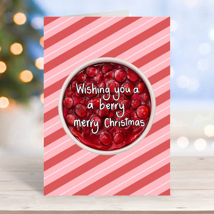 Cranberry Themed Funny Modern Christmas Greeting Card for wholesale by Katie Tinkler illustration