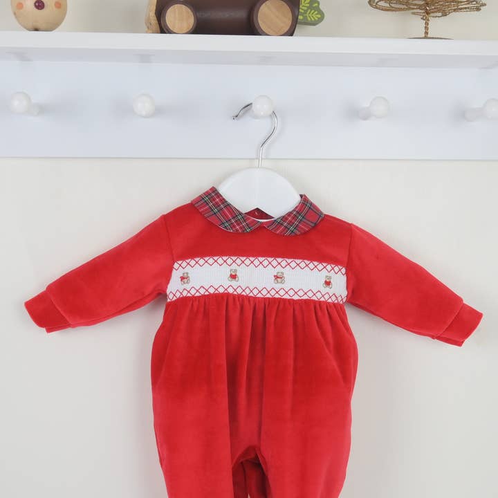 Teddy Smocked Sleepsuit  Red and other Purchase wholesale santa outfit. Free returns & net 60 terms on Faire trending on Faire.