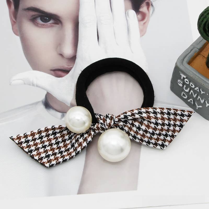 ACCITY - Wholesale Scrunchie - Women's - Pearl Lace Houndstooth Bow Hair Tie_CWAHA080496