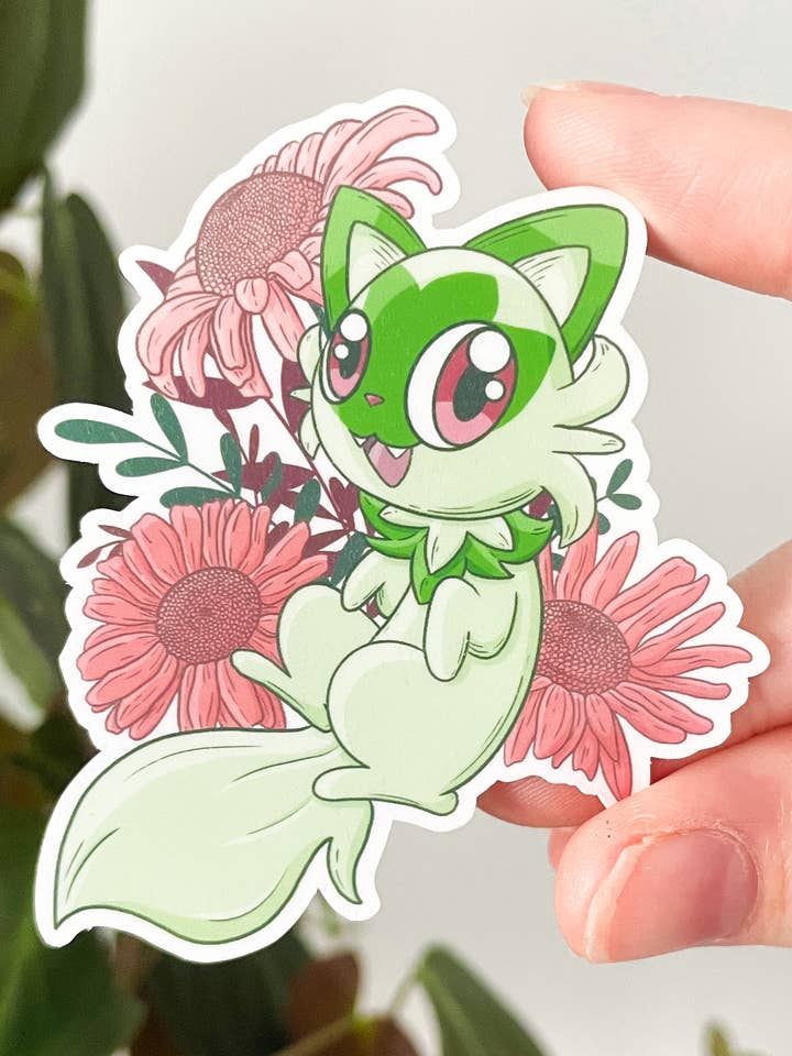 Sprigatito Die Cut Sticker - 2.4in Pokemon Floral Sticker for wholesale by Sarah May Arts