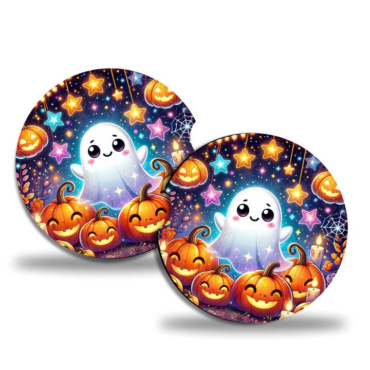 Halloween Geister & Kürbisse Auto-Untersetzer – 2er-Set für den Großhandel von Uniquely Designed By Rebecca