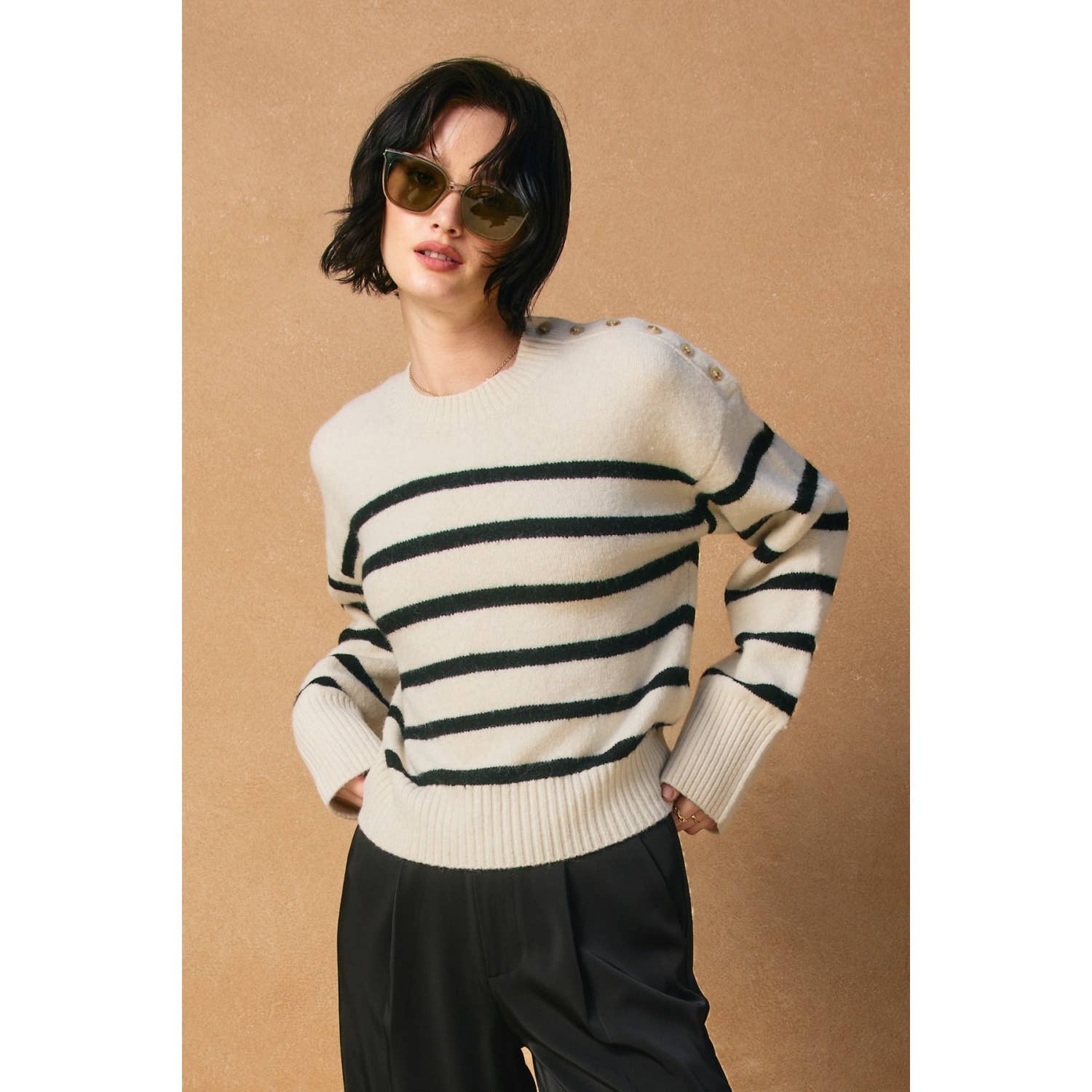 Dress Forum - Wholesale Knit Sweater - Women's - Striped Button Detail Sweater0