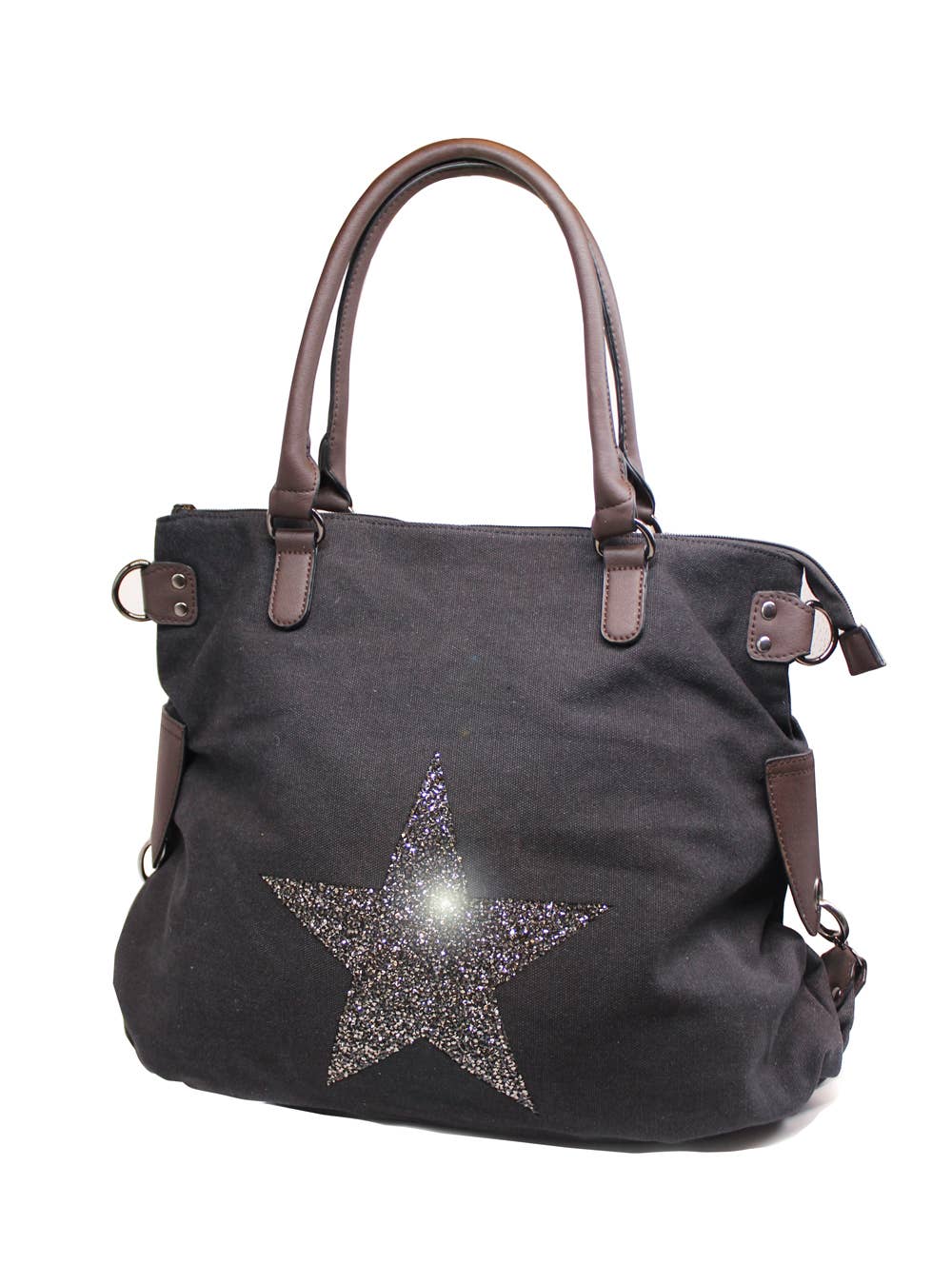 Ellas Trading – wholesale Shoulder bag – women's – Sparkling Glitter Star Canvas Expandable Shoulder Tote6