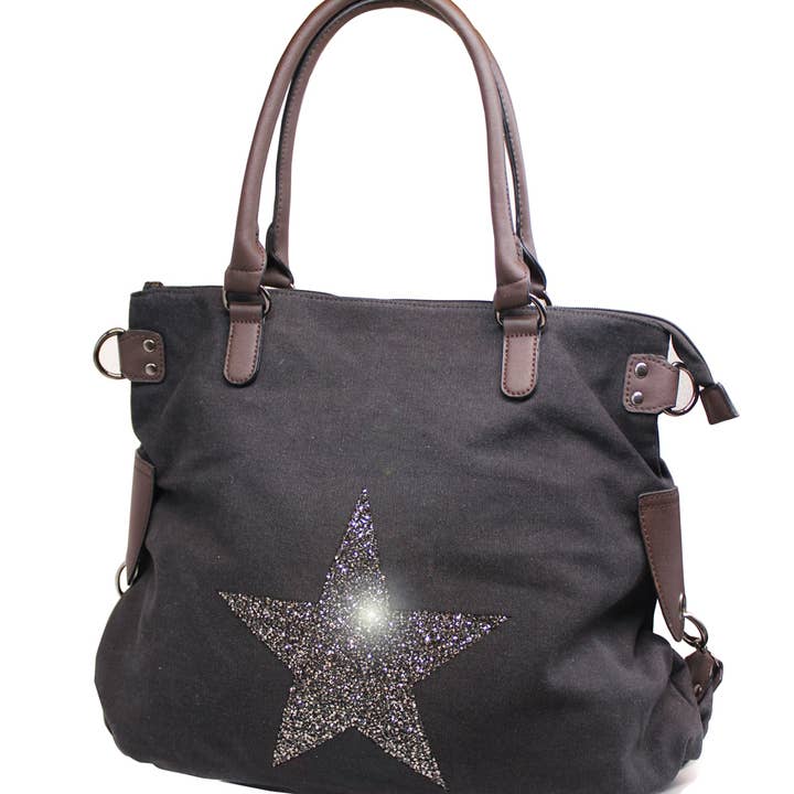 Ellas Trading – wholesale Shoulder bag – women's – Sparkling Glitter Star Canvas Expandable Shoulder Tote6