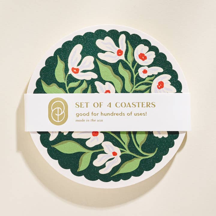One & Only Paper - Wholesale Coasters - Green and Lavender Floral Scalloped Coasters - Set of Four