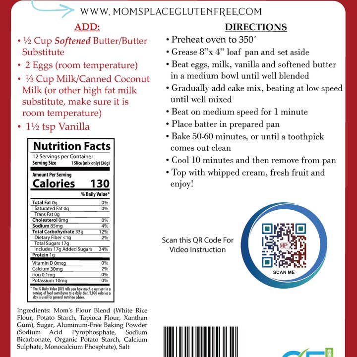 Mom's Place Gluten Free - Wholesale Cake Mix - Gluten-Free Buttery Vanilla Pound Cake Mix1