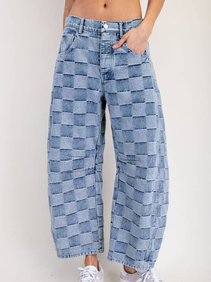 PL7743 - MINERAL WASHED CHECK BARREL JEANS for wholesale by Peace Love Line