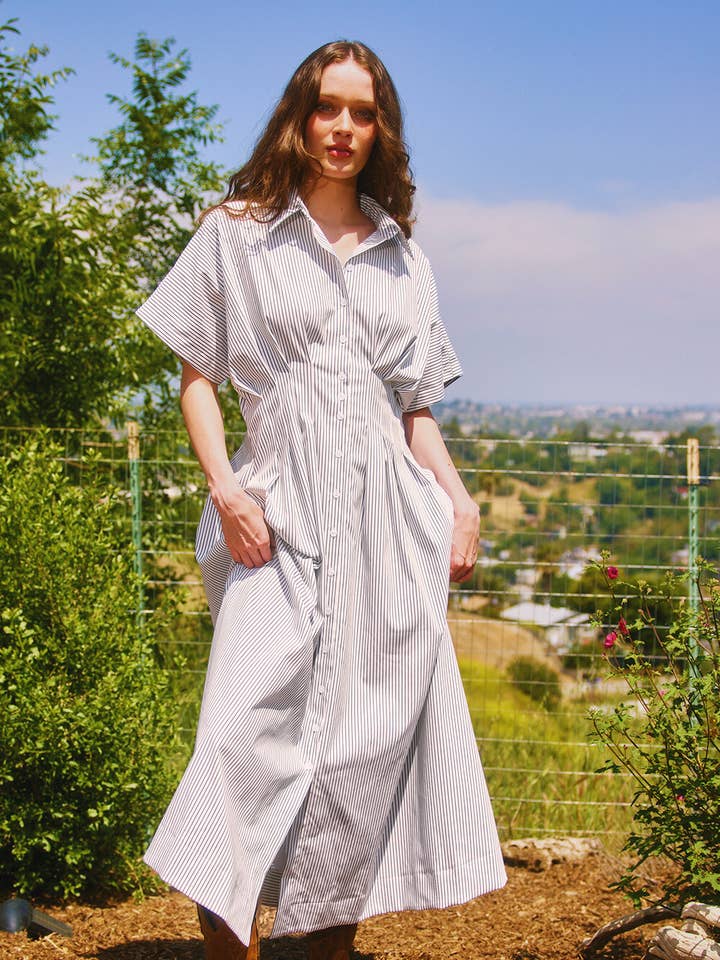 ID4348A Pin-stripe Print Pleated Midi Shirt Dress for wholesale by BUCKETLIST INC