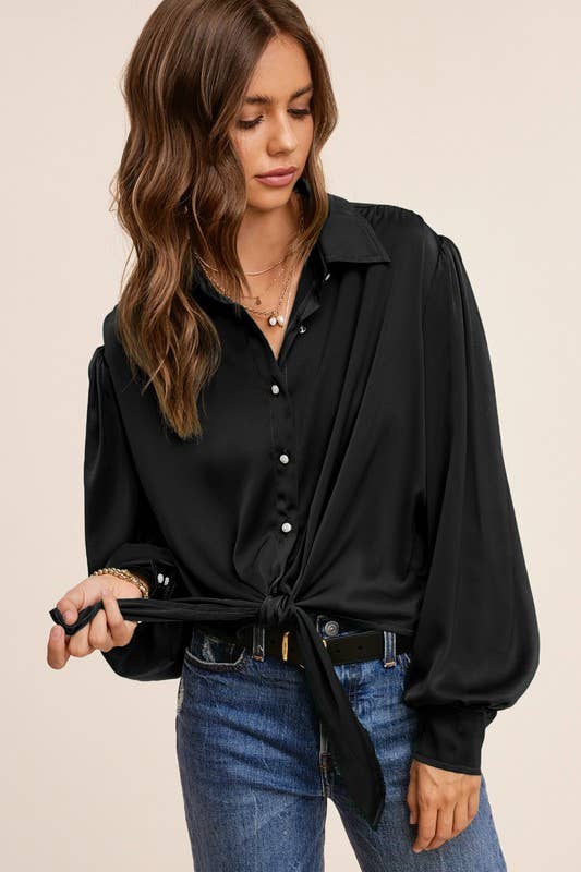 La Miel - Wholesale Button Down Shirt - Women's - SRT7806-Flowy Button Down Balloon Sleeve Tie-Front Shirt16