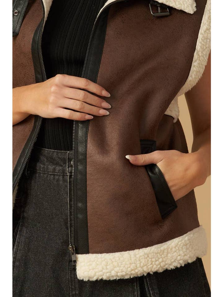 Brown A faux leather/sherpa vest - IJ10242 for wholesale on Faire5