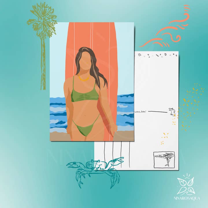 Postcard 'Surfer Girl' 5 cards on A6 size for wholesale by Ninarosaqua