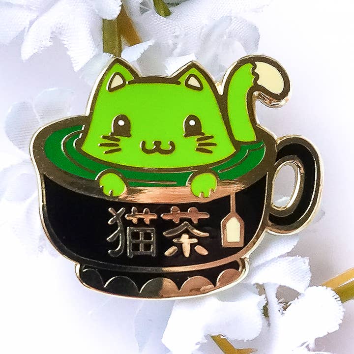 Kittea Ceremony Matcha (Green) Tea Kitty Enamel Pin for wholesale by Atomik Cupcake Designs