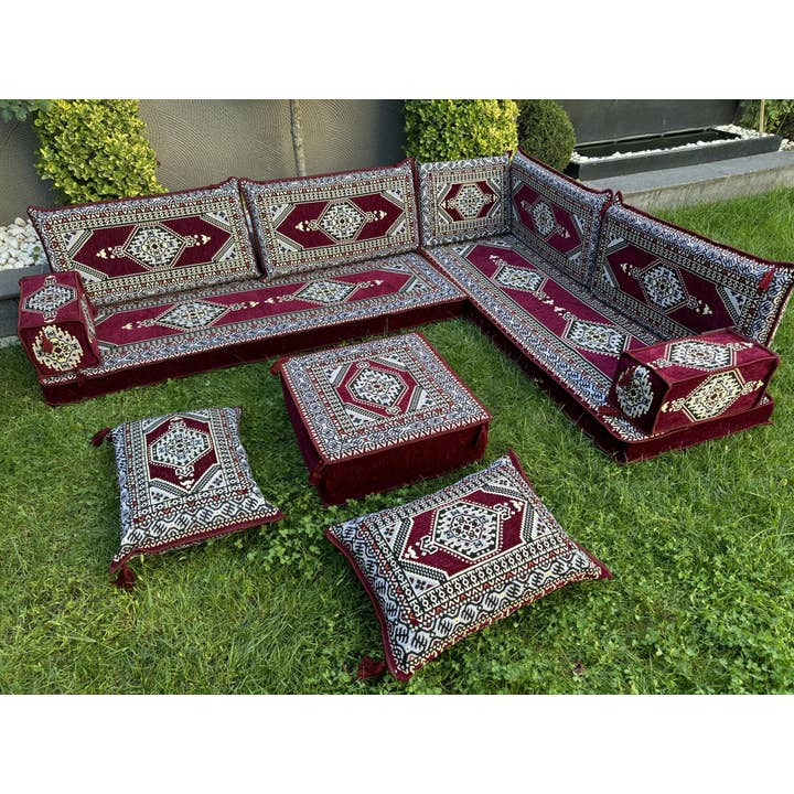 The Loom Wholesale - Wholesale Bank - Handgemaakte Vloerzitbank Set - Traditionele Ottomaanse Poef14