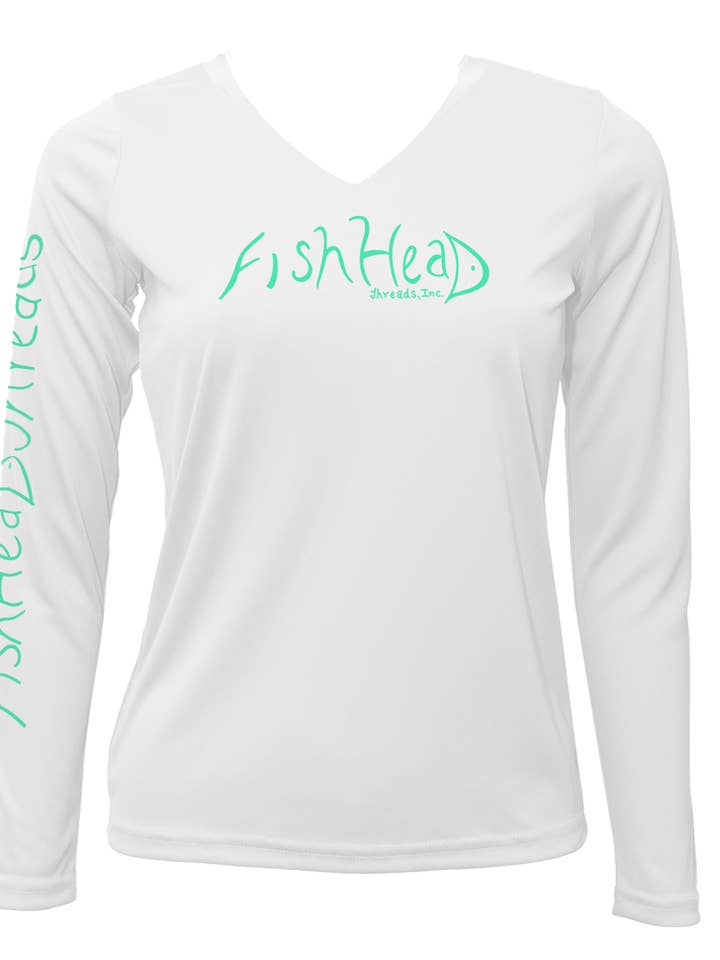 Ladies UPF Long-Sleeve Dry Fit T-shirt (White) Snook Design for wholesale by FishHead Threads, Inc.