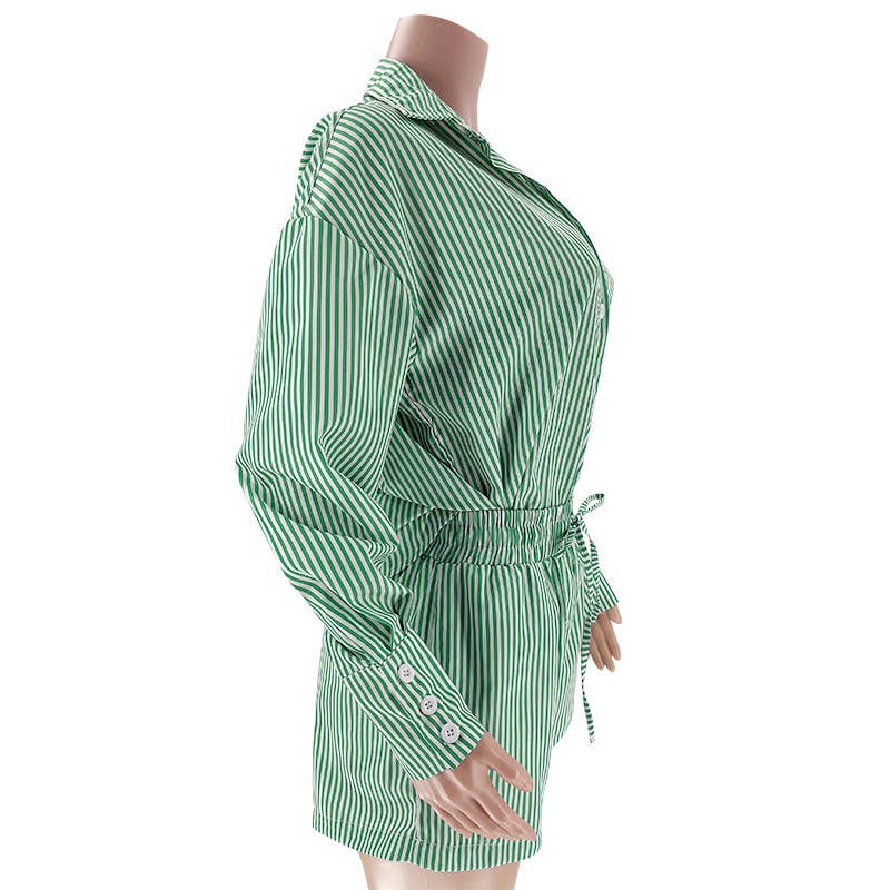 Rosa Clothing - Wholesale Top & Short Set (NOT Loungewear) - Women's - classic striped long sleeve shirt & short set holiday dressy2