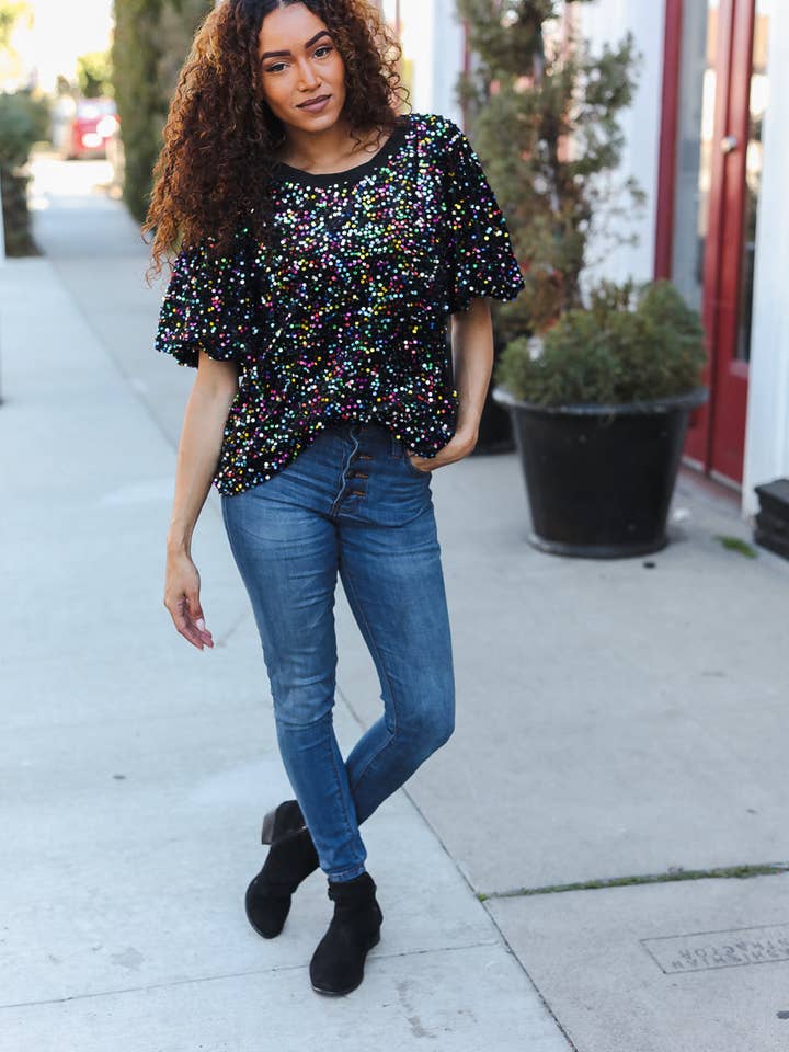 Promenade - Vente Chemisier – femme - Haut de fête en velours noir à sequins multicolores avec manches bouffantes (paquet ouvert)17