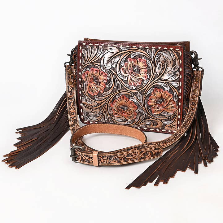 ADBG323 Hand-Tooled Leather Messenger Bag with Floral Daisies & Fringe Strap | American Darling for wholesale by LS Western