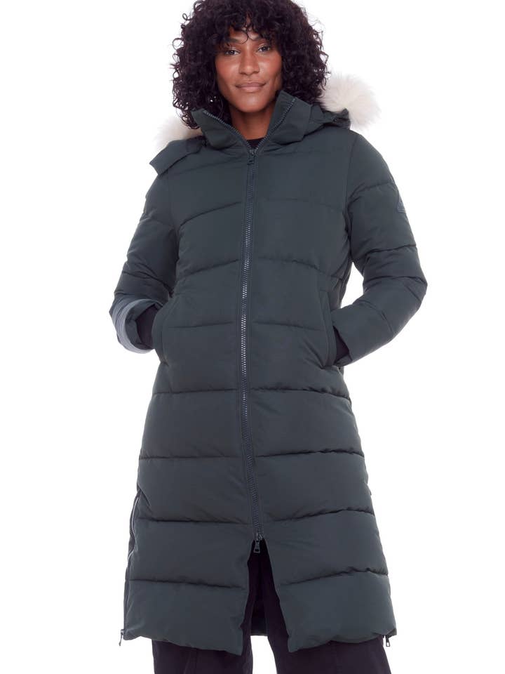 KLUANE | WOMEN'S VEGAN DOWN (RECYCLED) ULTRA LONG LENGTH PARKA, FOREST GREEN for wholesale by Alpine North CA