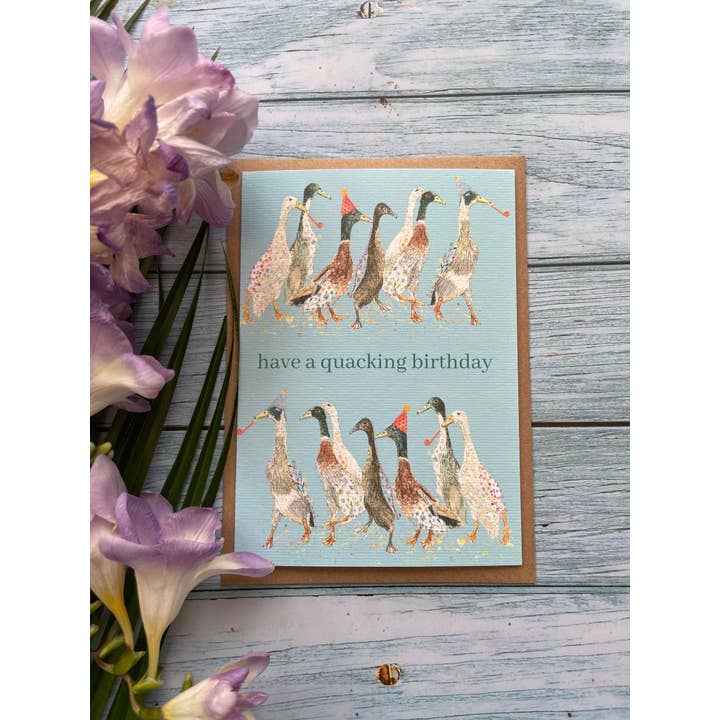 Jen Winnett Eco Artist – wholesale Birthday card – Have a quacking birthday! Duck Eco Card Funny Colour Farm1