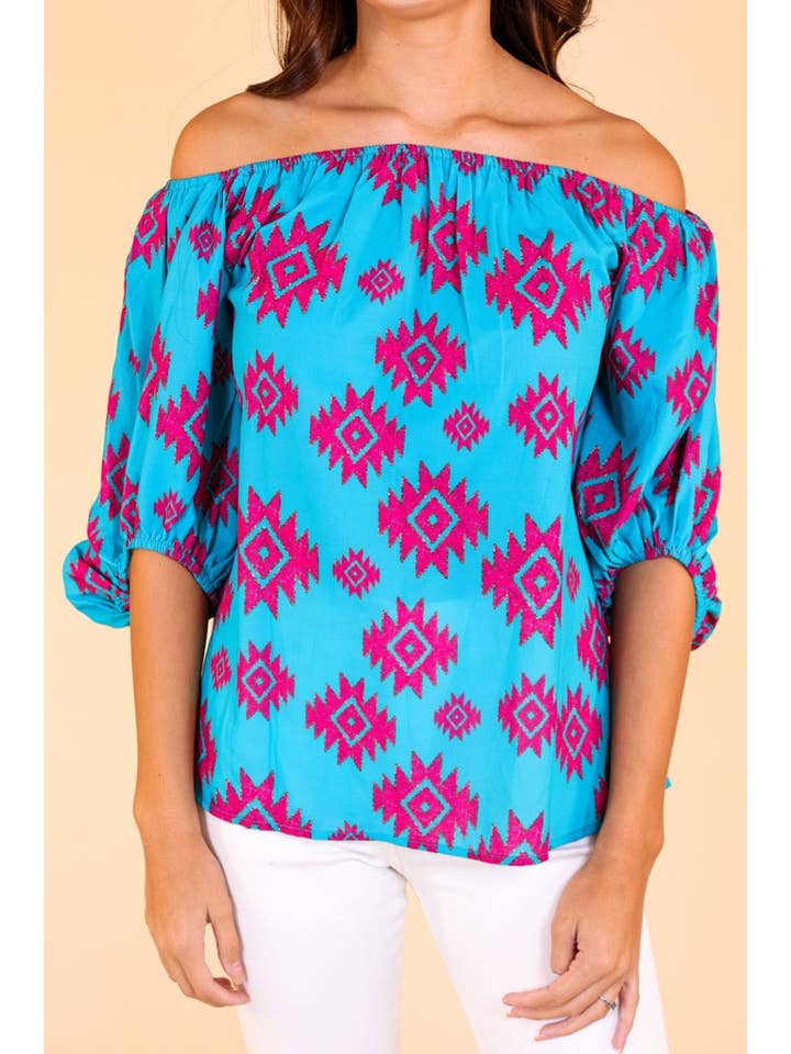 Rustic Touch Turquoise Off The Shoulder Top for wholesale on Faire