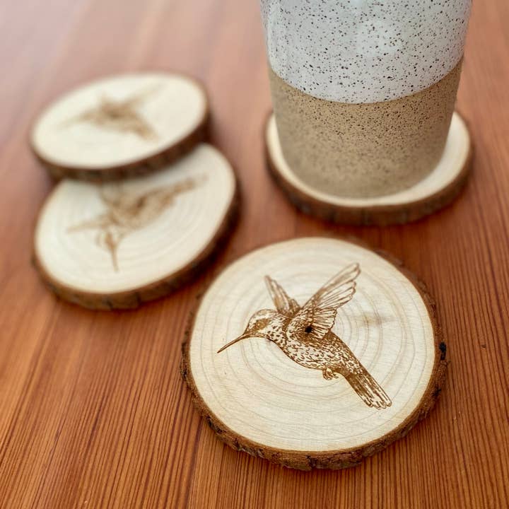 Munsell Made - Wholesale Coasters - Engraved Wood Hummingbird Coasters