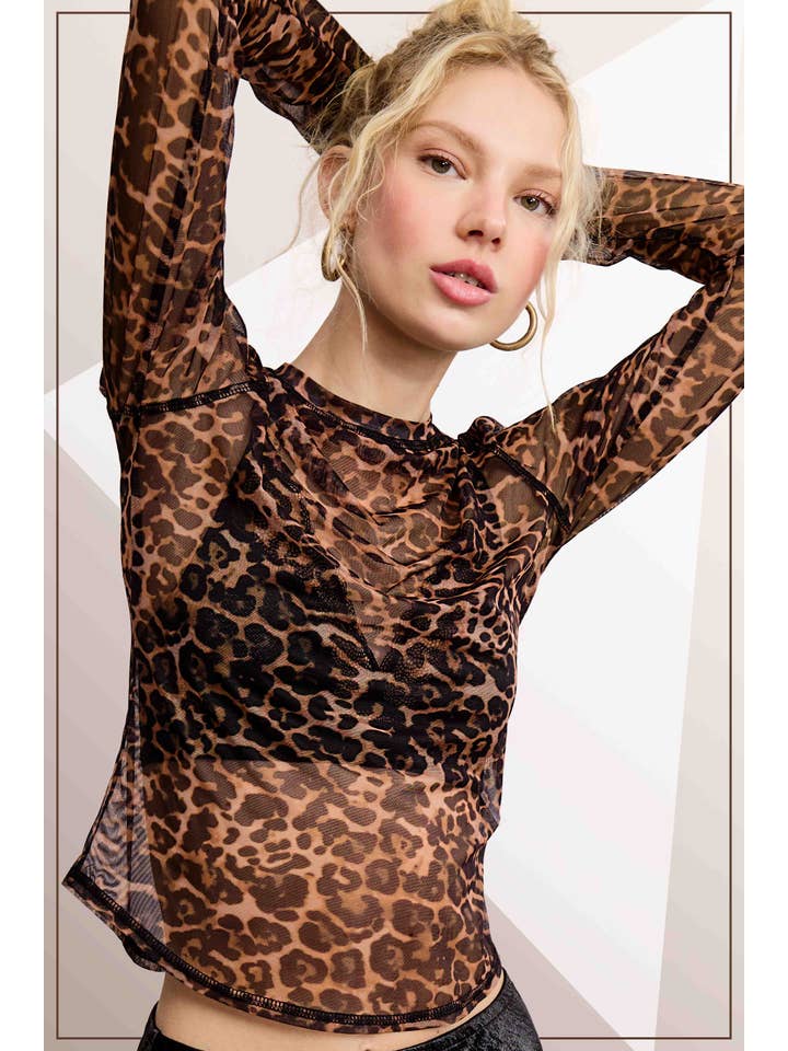 La Miel - Wholesale T-Shirt - Women's - JDT7709-Semi Sheer Leopard Printed Long Sleeve Mesh Top21