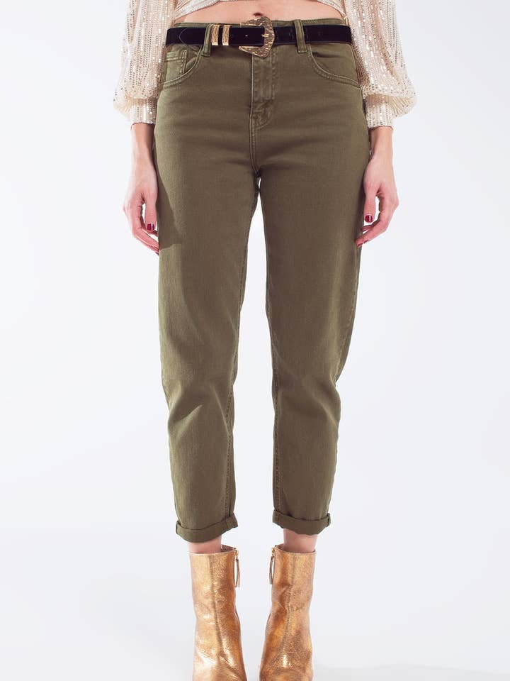 Cotton mid rise slouchy jean in khaki sepia for wholesale by Q2—All Orders:Free Duties for the US,UK,and Canada