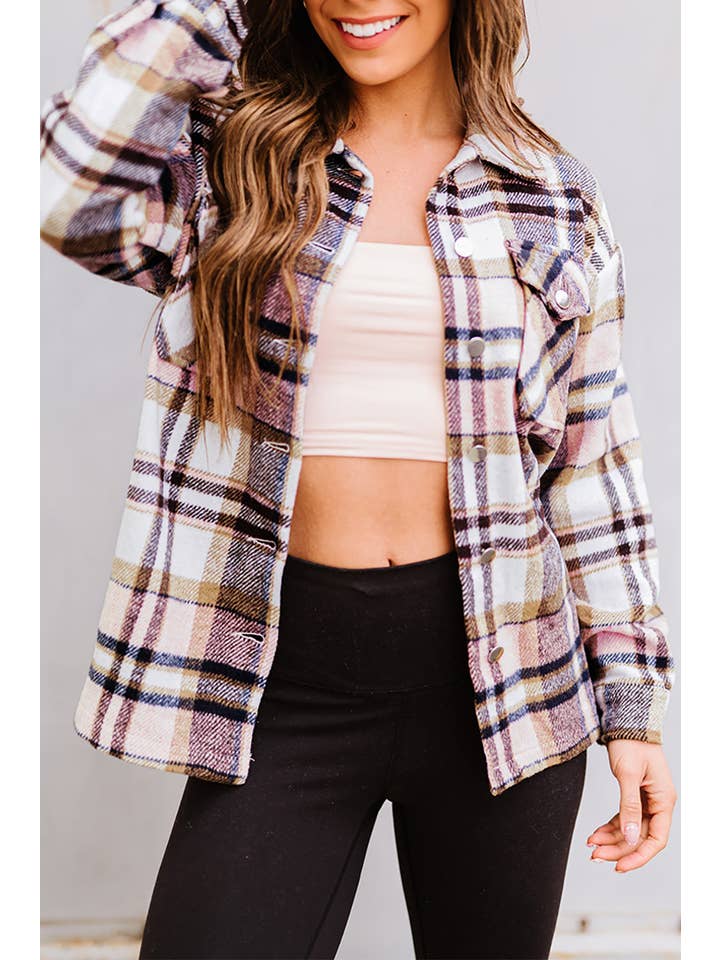 PRETTY BASH - Wholesale Shirt Jacket/Shacket - Women's - Plaid Pocketed Button Front Shacket16