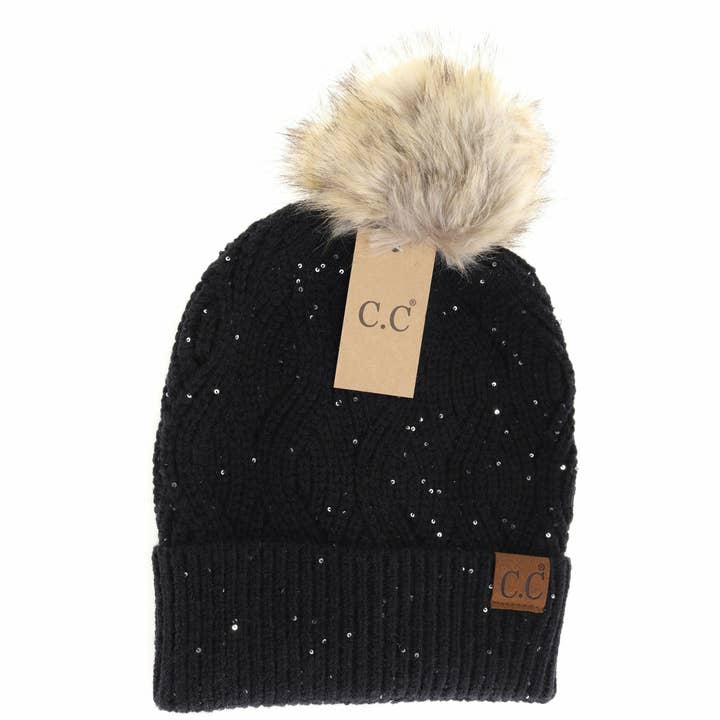 C.C Beanie - Wholesale Beanie - Women's - Sequin Brioche Cable Knit Fur Pom C.C Beanie HAT20732