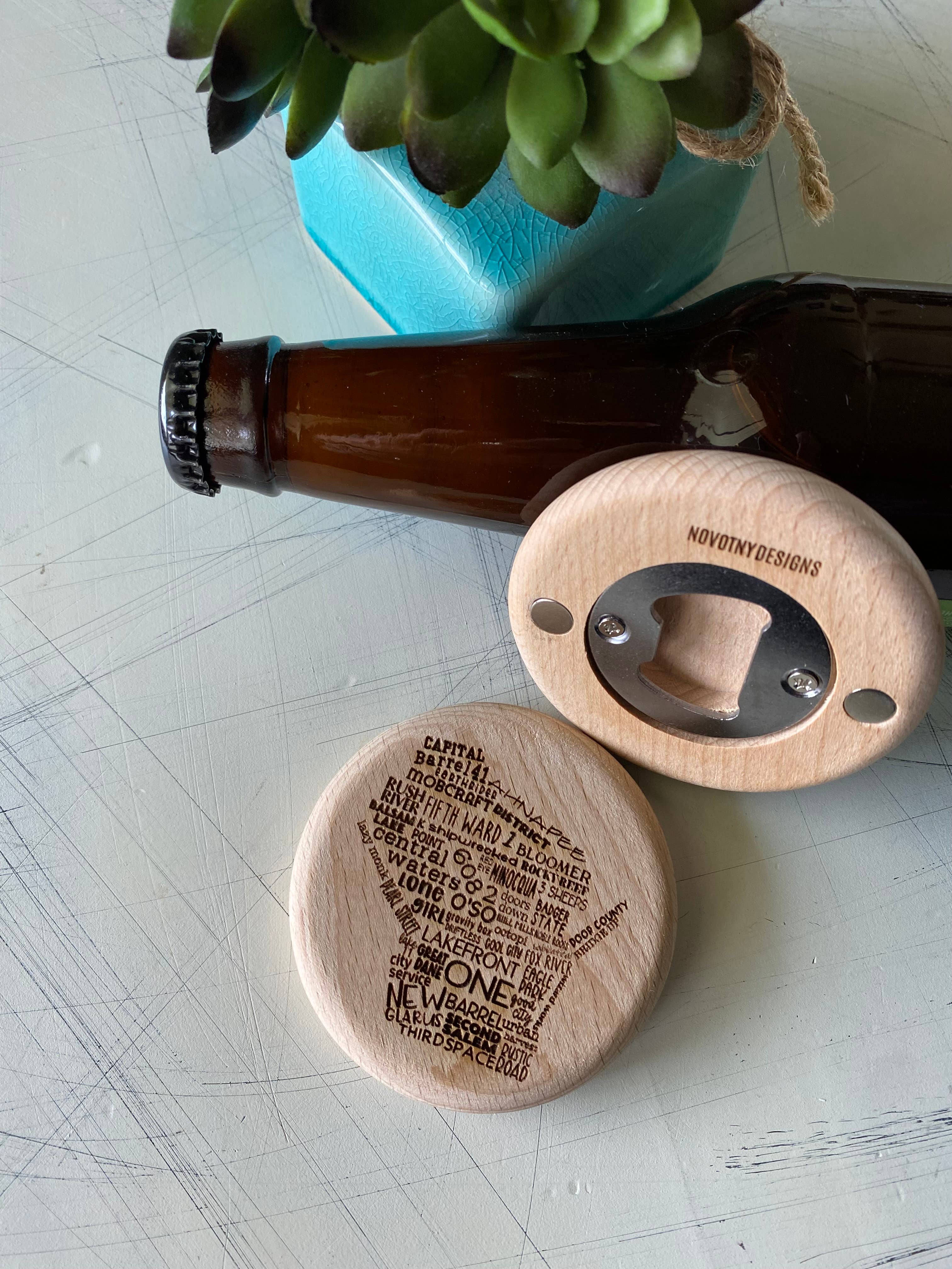 Novotny Designs - Wholesale Bottle/Wine Opener - Wisconsin breweries - magnetic wood bottle opener1