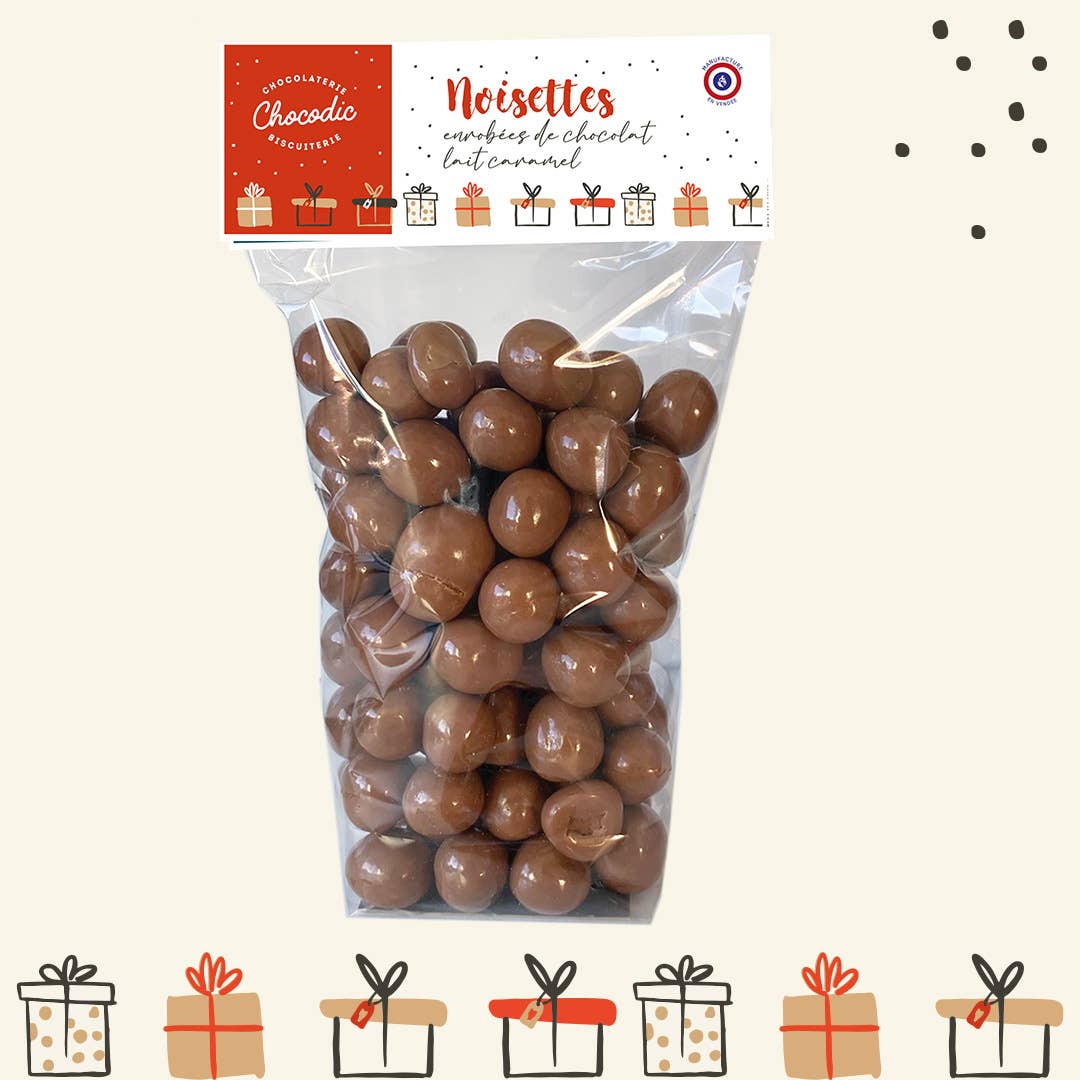 CHOCODIC - Wholesale Chocolate Covered Sweets - BAG OF HAZELNUTS COATED WITH MILK CHOCOLATE CARAMEL | NOËL0