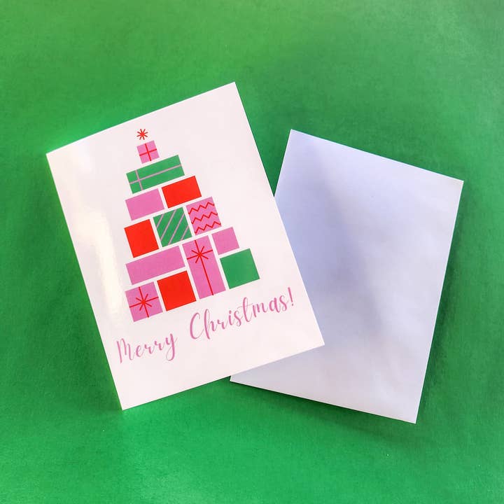 Christmas Present Tree Merry Christmas Greeting Card for wholesale by Cacti Rebel