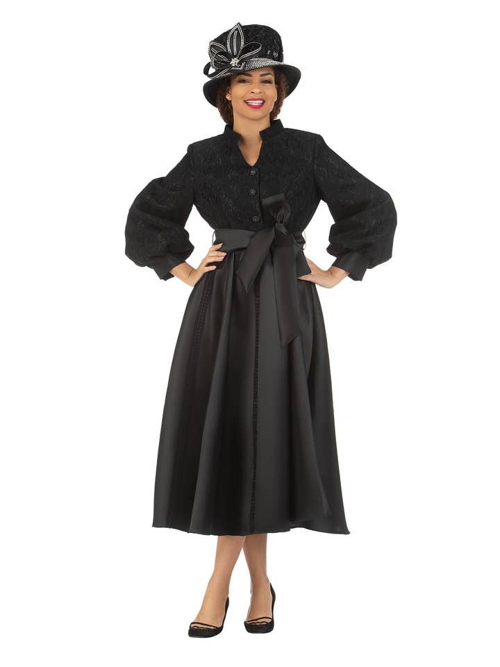 Robe trapèze en dentelle et twill Balloon Slv avec ceinture-Plus pour la vente par Giovanna