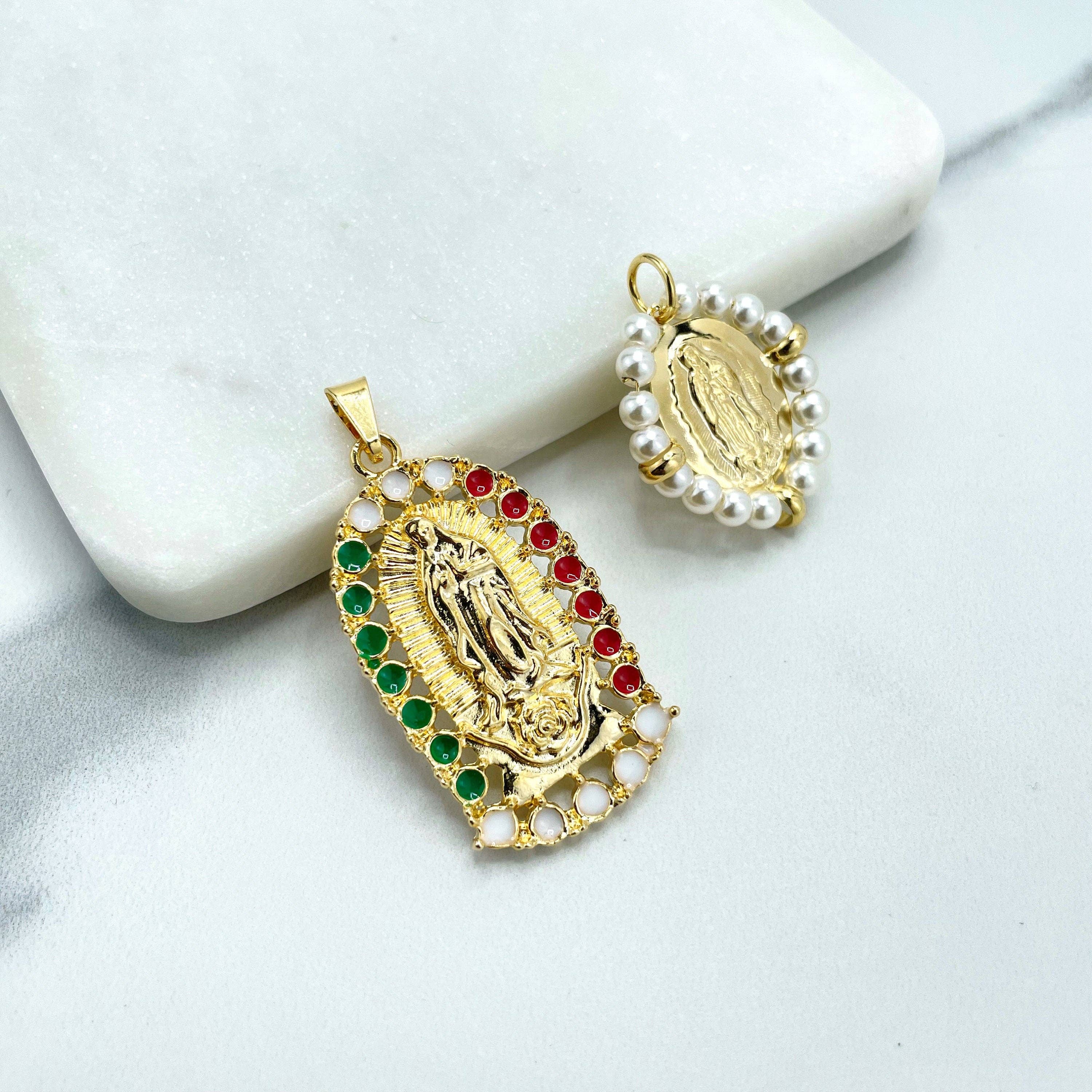 DIJU Jewelry - Vente Breloques/médailles personnalisées - Pendentif en or 18 carats orné d'une médaille représentant la Vierge de Guadalupe, drapeau mexicain de la Vierge de Guadalupe ou pendentif en perles simulées, vente en gros de bijoux2