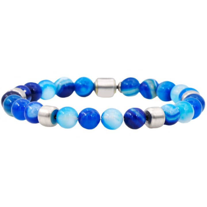 Men's Genuine Blue Agate Stainless Steel Beaded Bracelet for wholesale by Blackjack Mens Jewelry