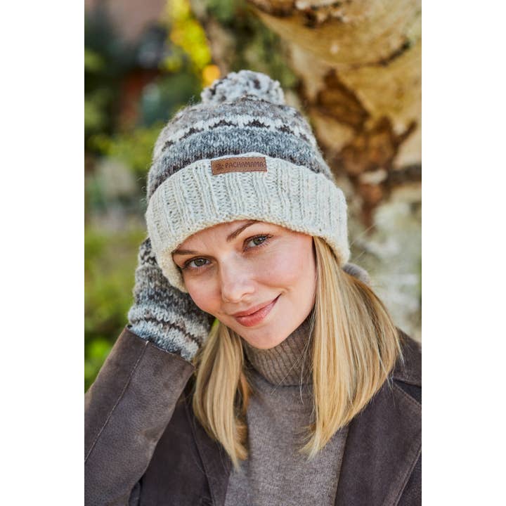 Classic Fair Isle Women's Wool Knit Roll Bobble Hat Natural for wholesale on Faire4