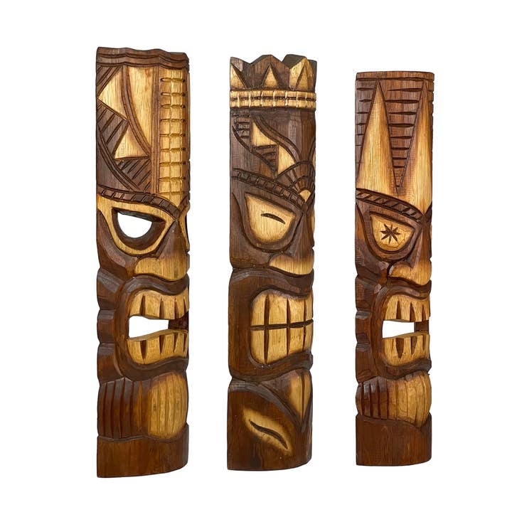 Zeckos - Wholesale Wall Accent - 20 Inch Carved Wood Tiki God Masks Wall Decor Set of 31