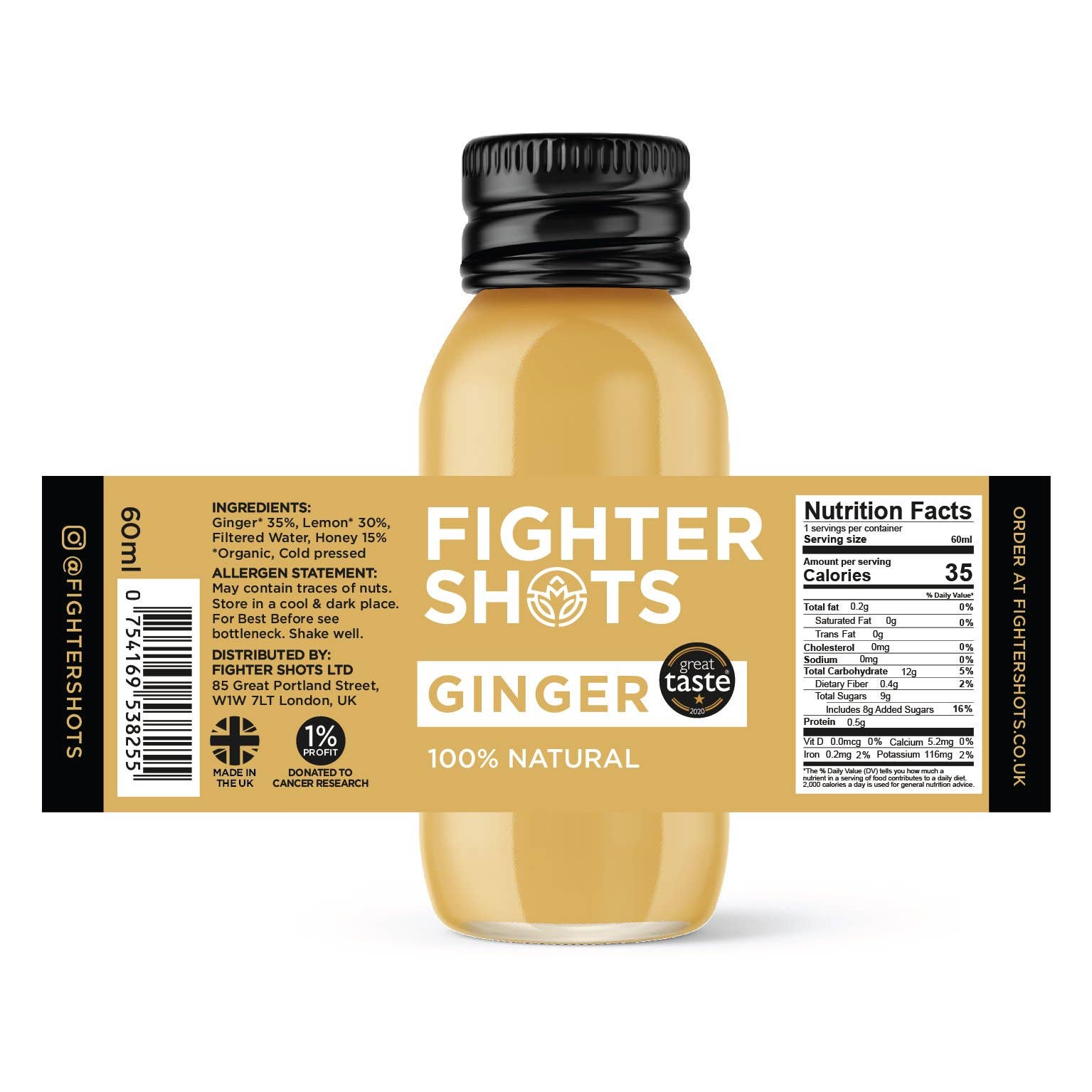 Fighter Shots - Wholesale Wellness Juice/Tonic - Ginger - organic cold pressed ginger, glass bottle, 12x60ml11