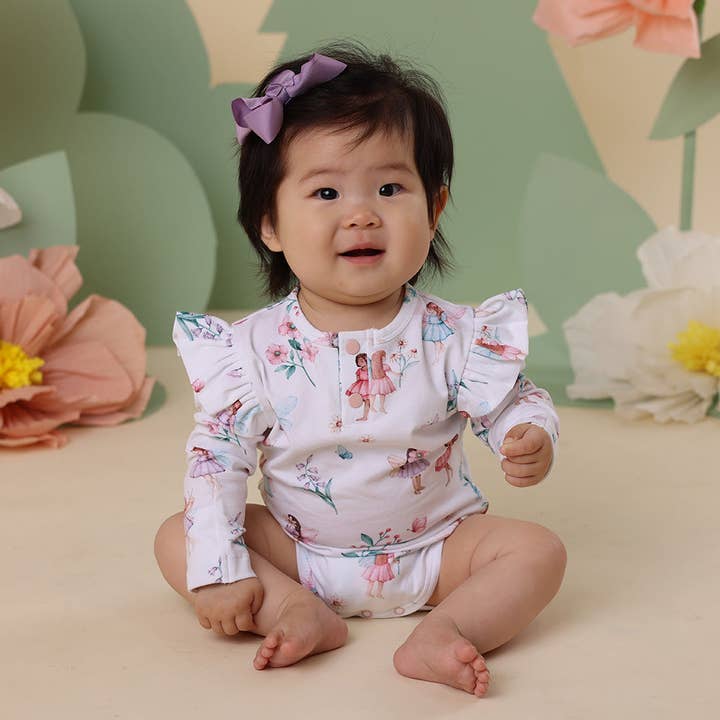 Fairy Garden Long Sleeve Organic Bodysuit with Frill for wholesale by Snuggle Hunny