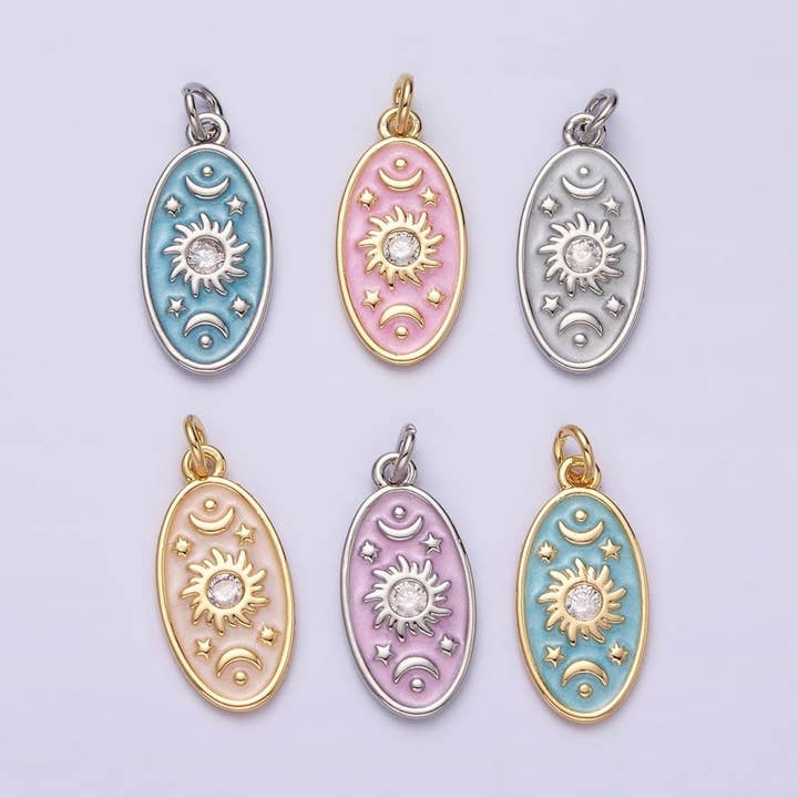 16K Gold Filled Celestial Sun Star Crescent Moon White, Blue, Pink Sparkly Enamel Oval Charm in Gold & Silver | AC1336 - AC1341 for wholesale by Aim Eternal