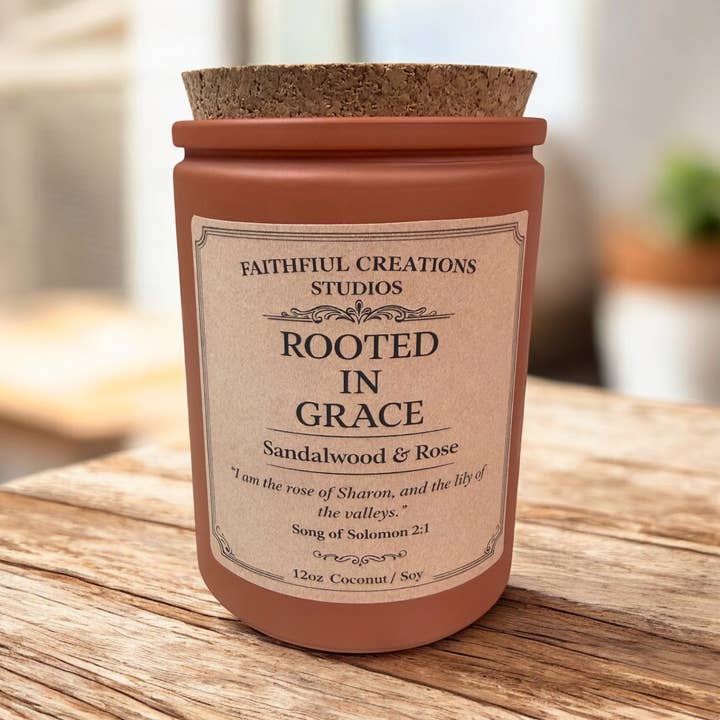 Rooted in Grace – Sandalwood & Rose | Faith-Inspired Candle for wholesale by Faithful Creations Studios | Candles