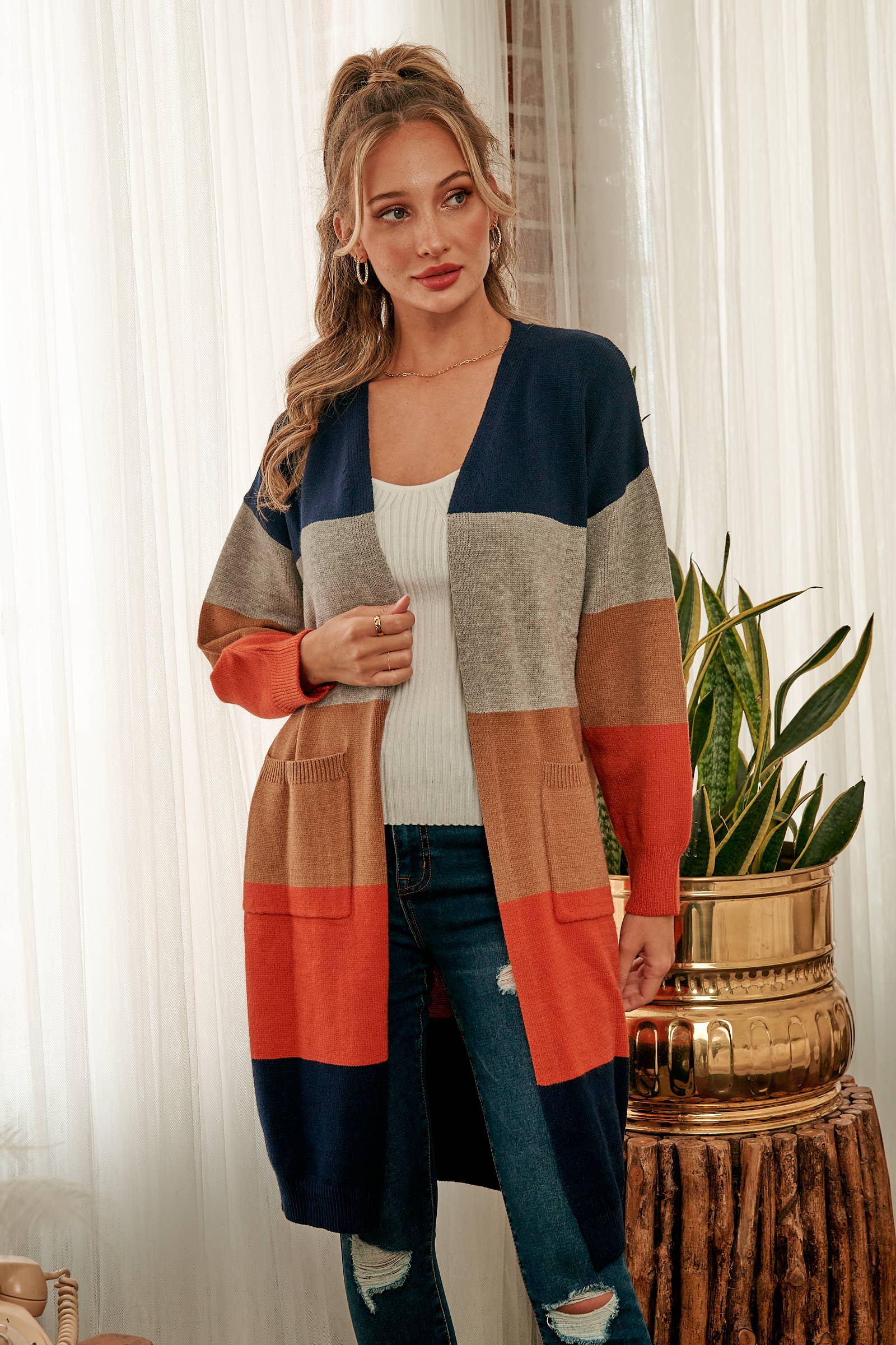 Nicabel - Wholesale Cardigan - Women's - Color-blocked midi-length sweater cardigan-SW60588