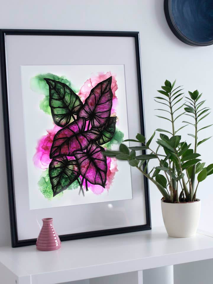 Syngonium Pink Leaf Art Print, Botanical Ink Plant Painting for wholesale by Geoform Designs