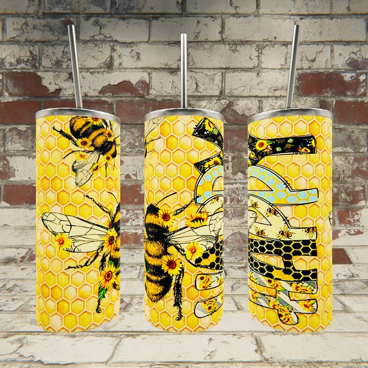 Bee Happy 20oz Metal Skinny Insulated Tumbler for wholesale by Triple D's Tumblers n More