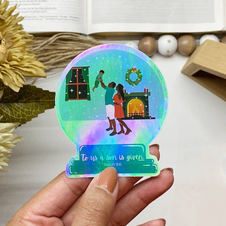 Shimmering Snow Globe Family Hologram Bible Verse Sticker for wholesale by Dear Bold Believer
