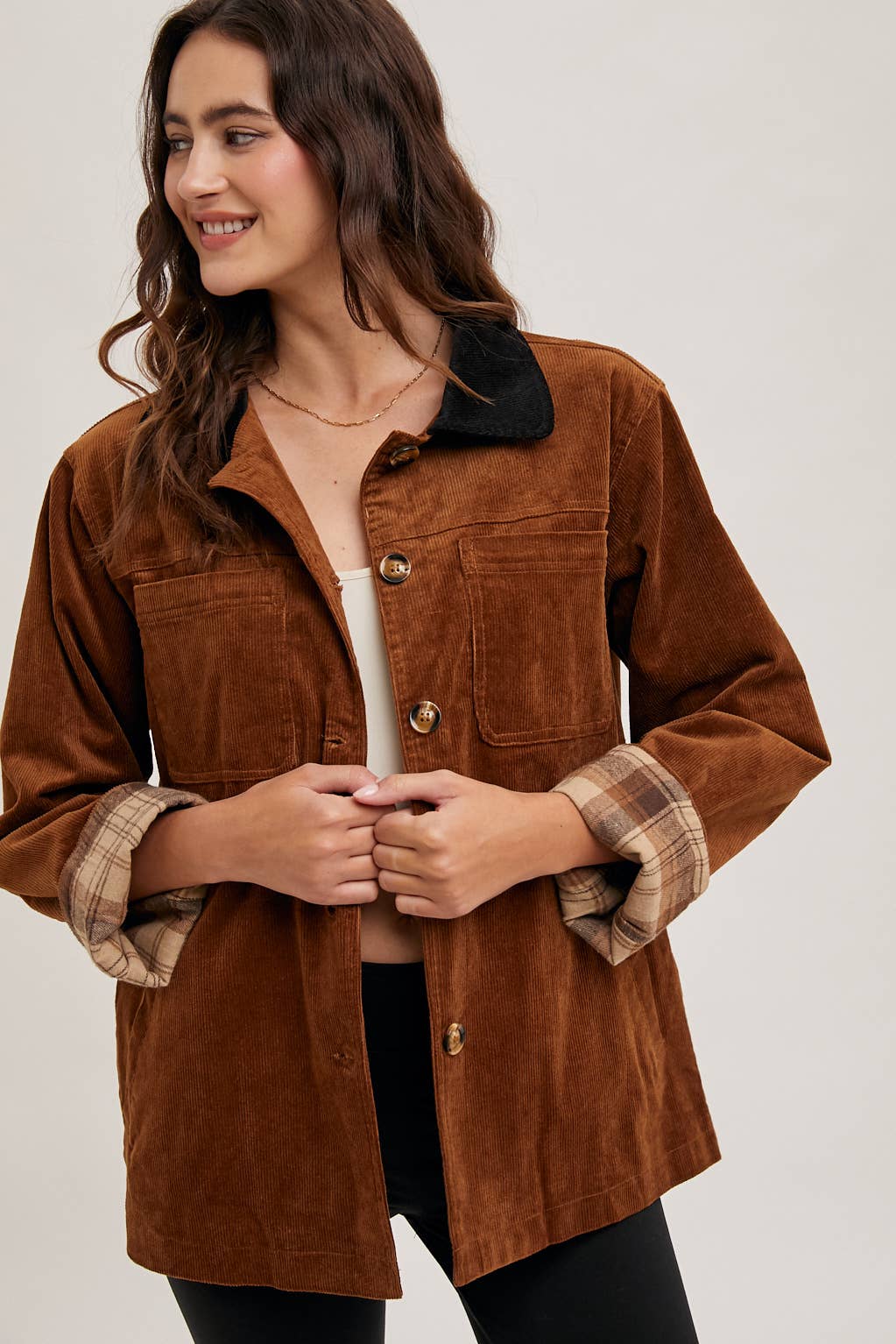Peace Love Line - Wholesale Coat - Women's - PL4686 - CORDUROY BUTTON DOWN BARN COAT INNER PLAID1