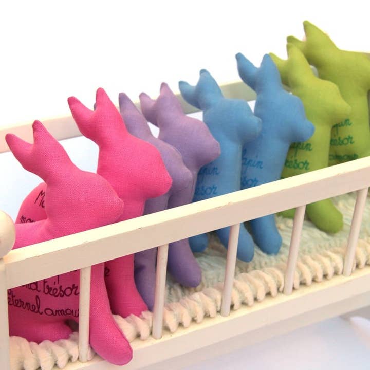 Estelle Billot - Wholesale Handheld Rattle - Baby - Baby bunny linen rattle toy with French poem. Handmade in NY1