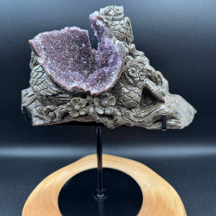 Unique Amethyst druzy owl family blossom carving H07 for wholesale by The 7 Directions