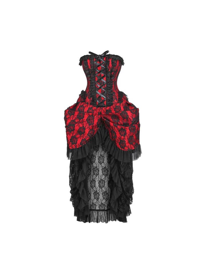 Daisy Corsets - Vente Robe – femme - Robe-corset Top Drawer en acier désossé rouge avec dentelle noire